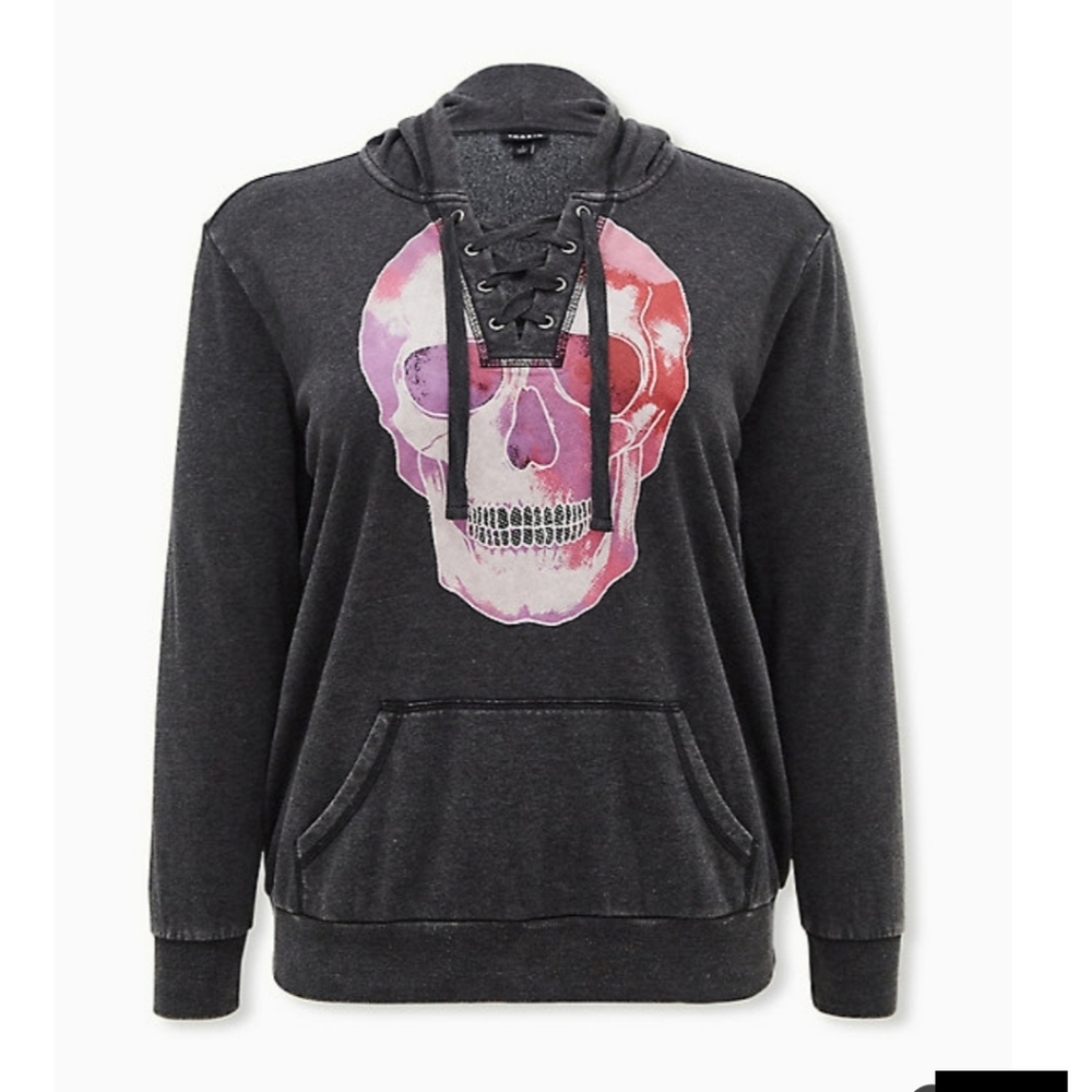 🆕SKULL☠️ BLACK MINERAL WASH LACE-UP FLEECE HOODIE